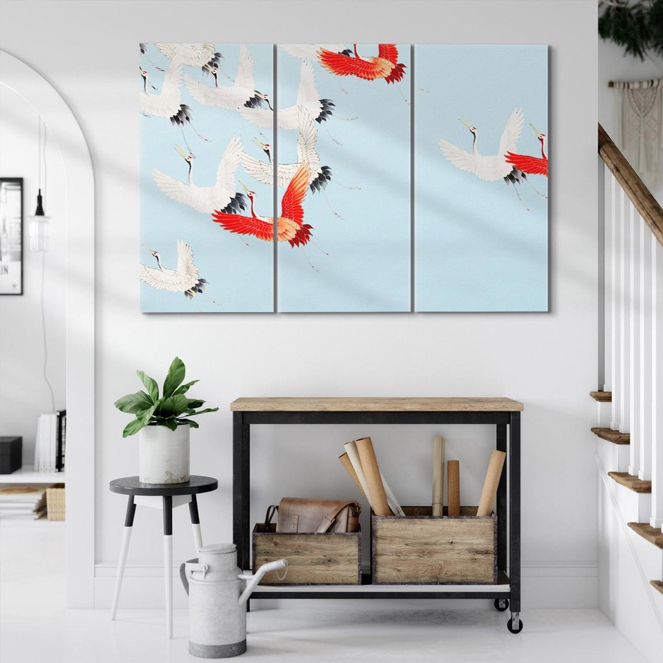 Obraz na płótnie 120x80 - Eteryczne Żurawie - lecące żurawie, orientalna sztuka