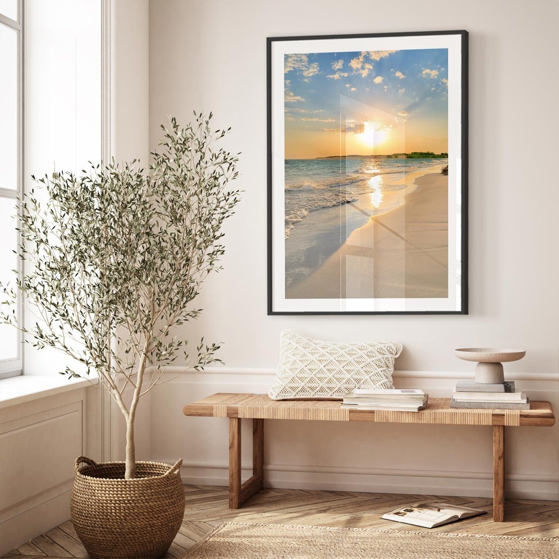 Plakat w ramie 50x70 - Zachód słońca na plaży - plaża, zachód - rama czarna