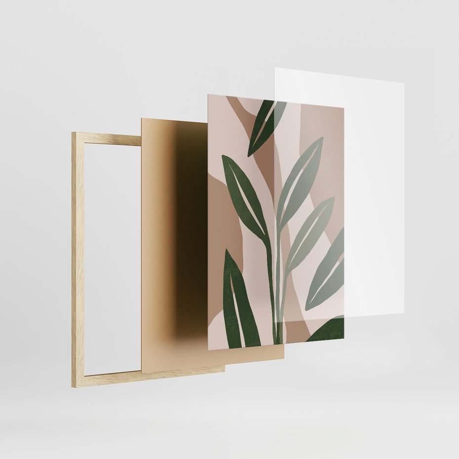 Zestaw obrazy w ramie 40x50 galeria - Liście, graficzne, boho - rama drewno