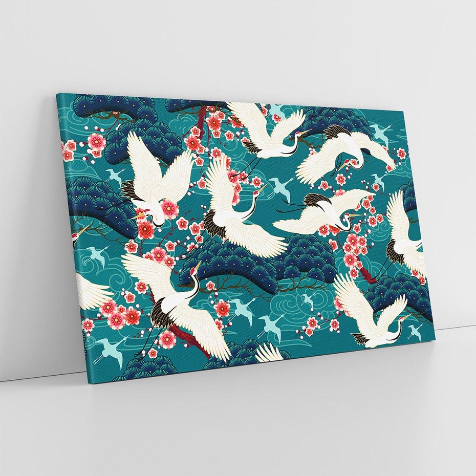 Obraz na płótnie 70x50 - Żurawie Wachlarze - orientalne japońskie żurawie, grafika