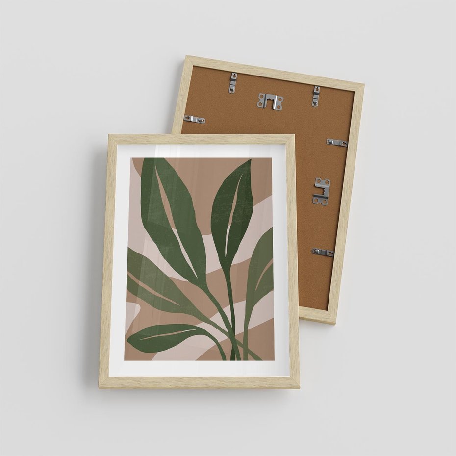 Plakat w ramie 30x40 - Nowoczesność Natury: Plakat z Zielonymi Liśćmi - nowoczesny plakat, beż - rama drewno