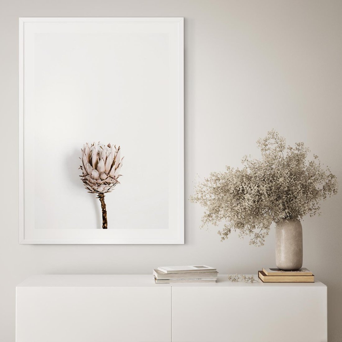 Plakat w ramie 50x70 - Suszona Roślina na Białym Tle - minimalizm, suszona roślina - rama biała
