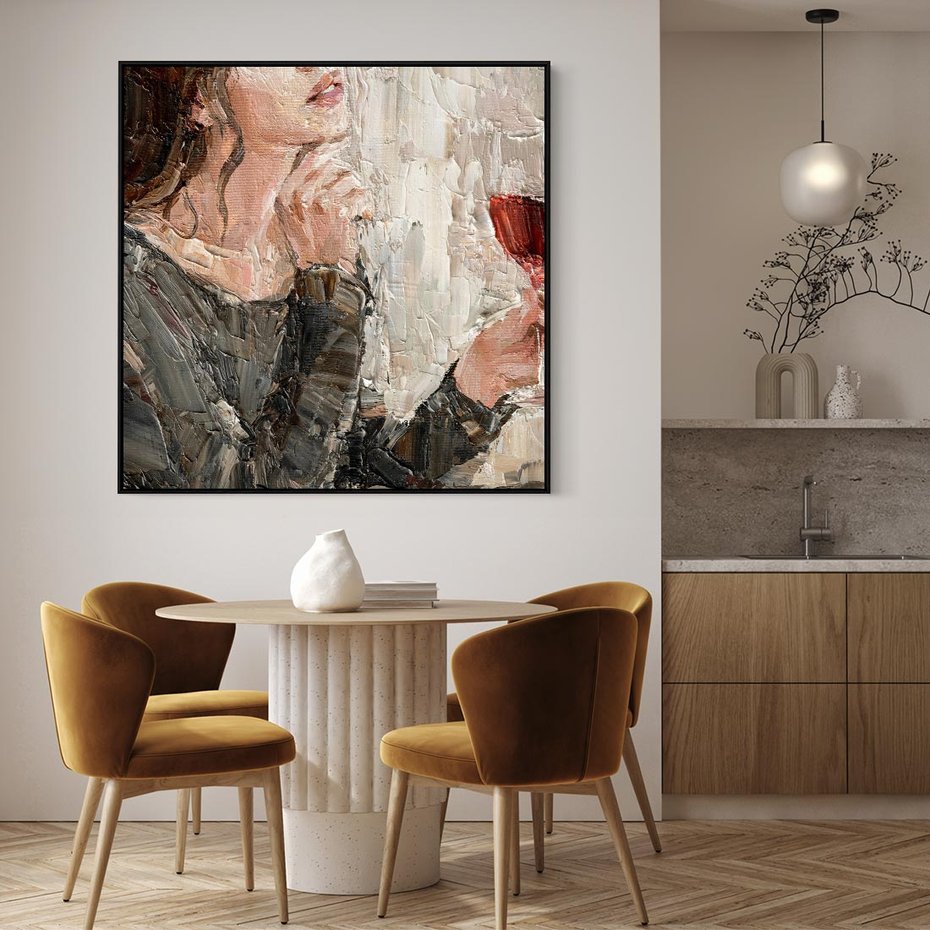 Obraz w ramie 50x50 - Esencja - kobieta wino obraz impresonizm olej na płótnie - rama czarna