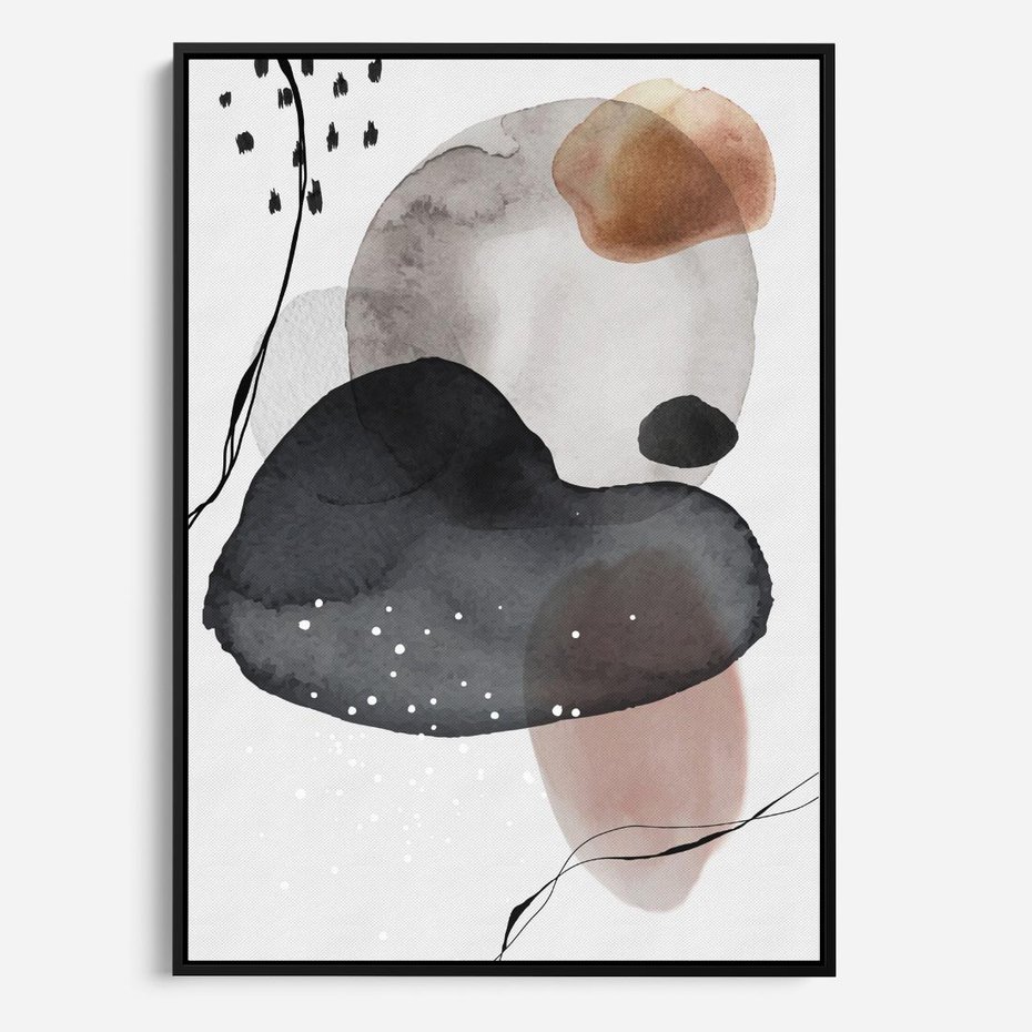 Obraz w ramie 70x100 - Impresje Harmonii - abstrakcyjne plamy akwarelowe, czarny szkic - rama czarna