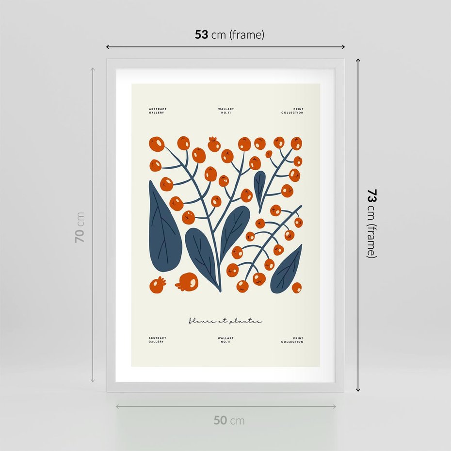 Plakat w ramie 50x70 - Minimalistyczna Uroda Jarzębin - jarzębiny, niebieskie liście - rama biała