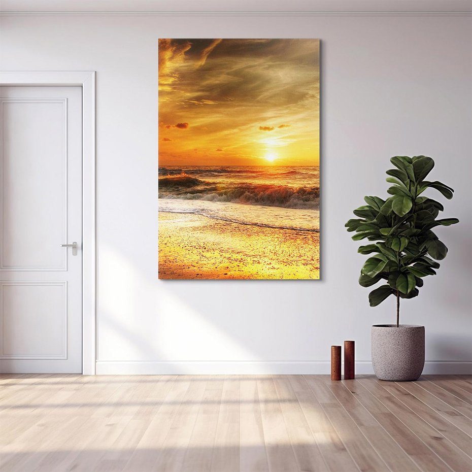 Obraz na płótnie 80x120 - Plaża Morza i Fale Zachodu Słońca - plaża, morze