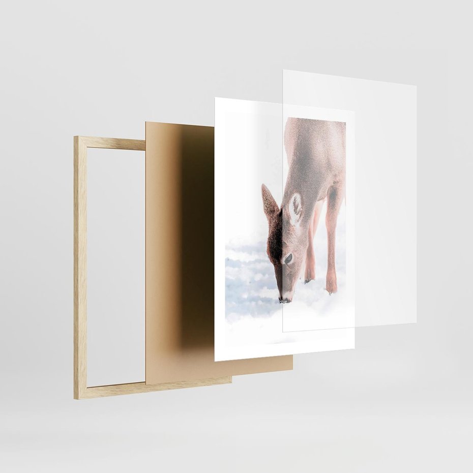 Plakat w ramie 50x70 - Sarna w Zimowym Raju - sarna, na śniegu - rama drewno