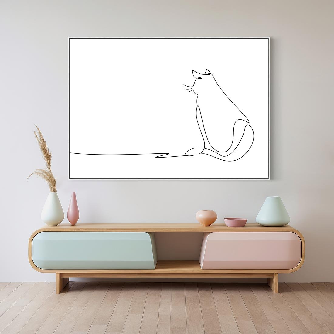 Obraz w ramie 100x70 - Koci Szkic - szkic, line art - rama biała