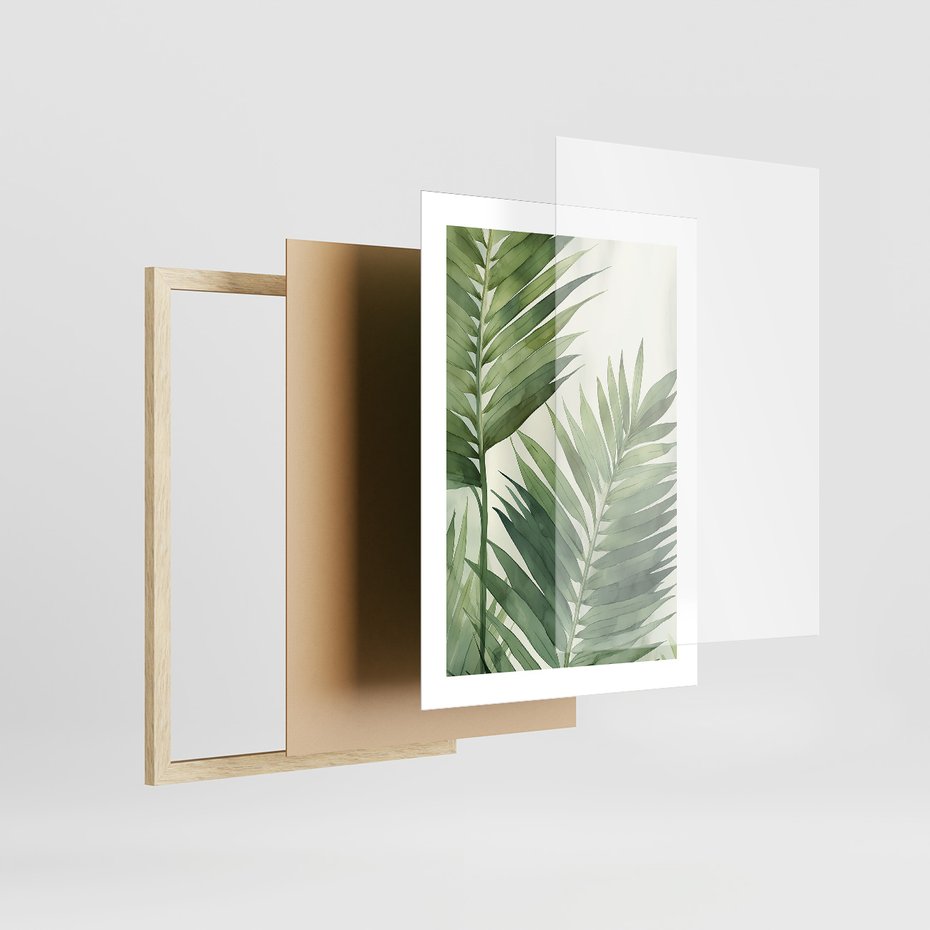 Zestaw obrazy w ramie 30x40 galeria - tropikalne, liście, palmy, bananowiec - rama drewno