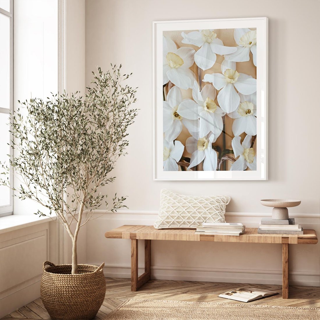 Plakat w ramie 50x70 - Białe Narcyzy - narcyzy, kwiaty - rama biała