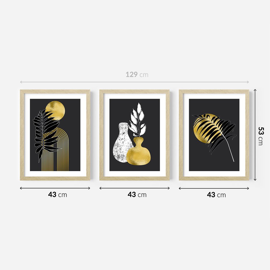 Zestaw obrazy w ramie 40x50 galeria - Złoto, liście, monstery - rama drewno