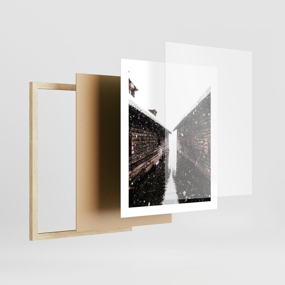 Plakat w ramie 40x50 - Spadający Śnieg - domek górski, w zimie - rama drewno