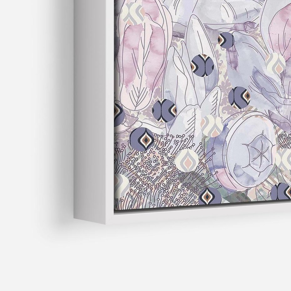 Obraz w ramie 120x80 - Malowane oddechy istnienia - pomieszane tekstury, kwiatowe elementy - rama biała