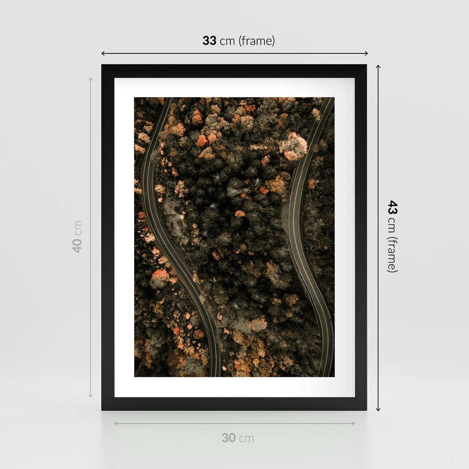 Plakat w ramie 30x40 - Las i Droga w Kolorach Jesieni - droga, ujęcie z góry - rama czarna