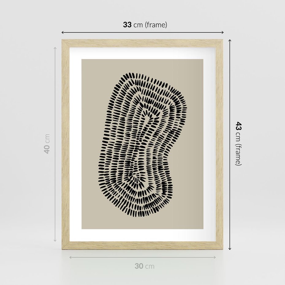 Plakat w ramie 30x40 - Nowoczesne Odbicia Wnętrza - boho plakat, czarne kropki kreski - rama drewno