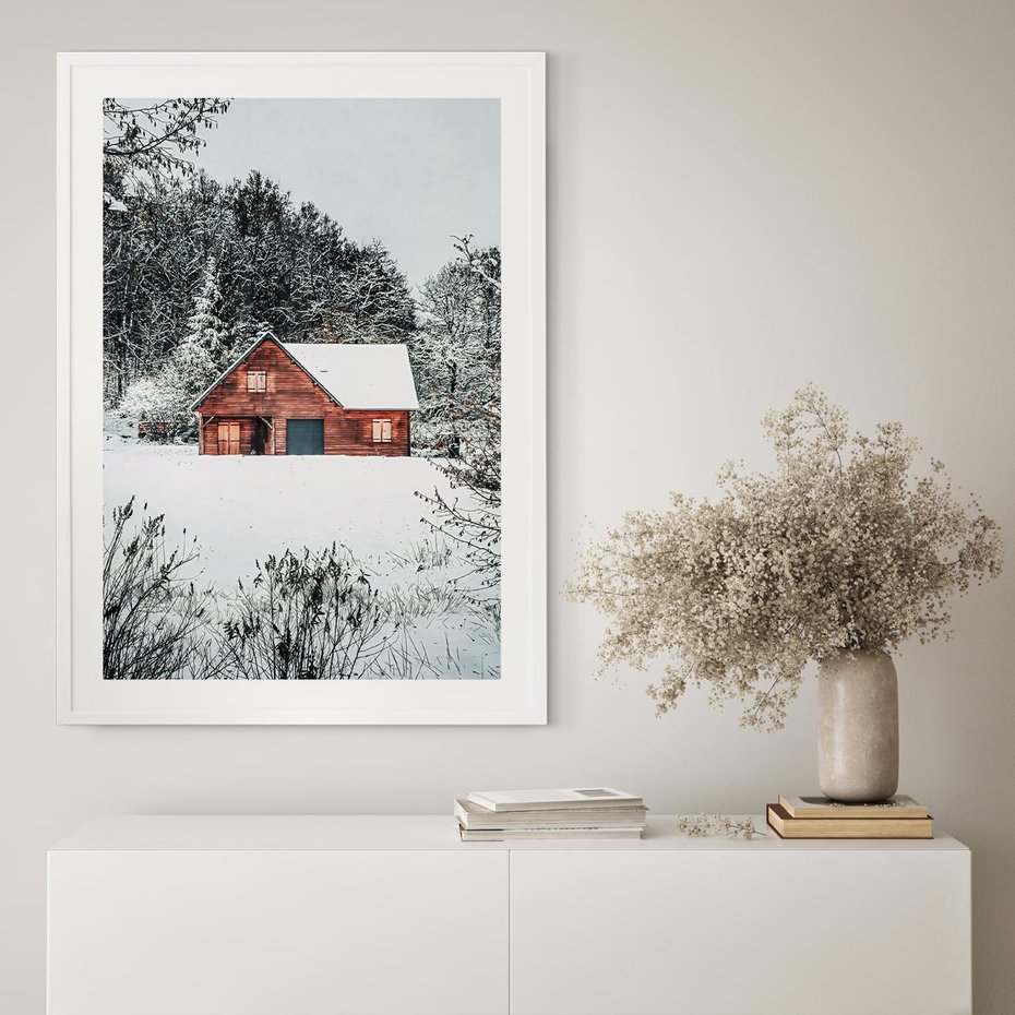 Plakat bez ramy 30x40 - Domek w Górach Pokryty Śniegiem - domek w górach, śnieg