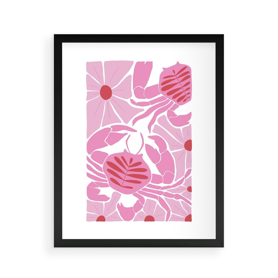 Plakat w ramie 40x50 - Roztańczone Kraby - różowe kwiaty i kraby, abstrakcyjna kompozycja - rama czarna