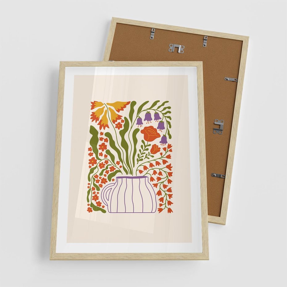 Plakat w ramie 50x70 - Świeżość Kwiatów - kwiaty w wazonie, minimalistyczna kompozycja - rama drewno