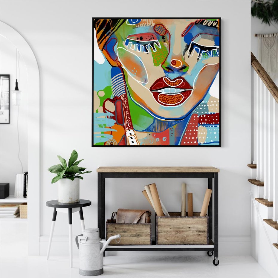 Obraz w ramie 50x50 - Kolorowe Formy - abstrakcyjny portret kobiety, twarz - rama czarna