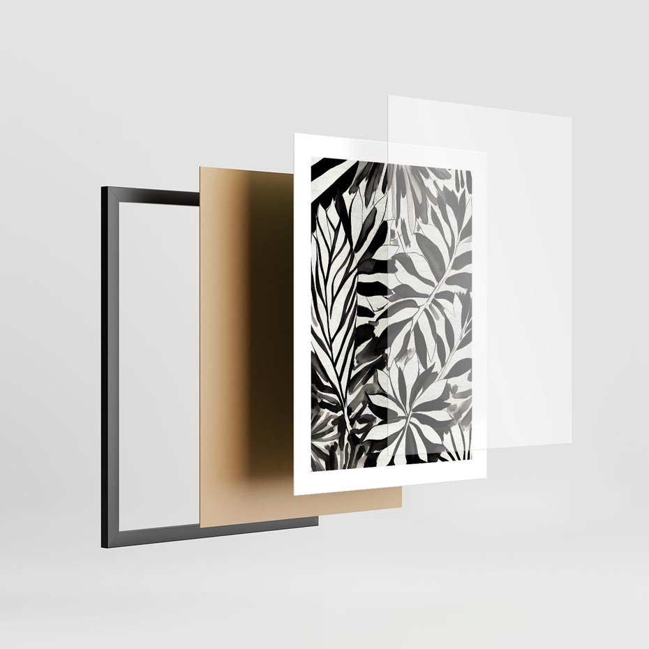 Plakat w ramie 30x40 - Czarne Liście - akwarelowy obraz, czarno biały - rama czarna