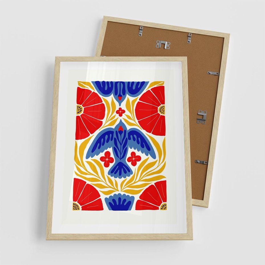 Plakat w ramie 50x70 - Eklektyczny Majestat - wyrazista grafika, mocne kolory czerwień niebieski żółty - rama drewno