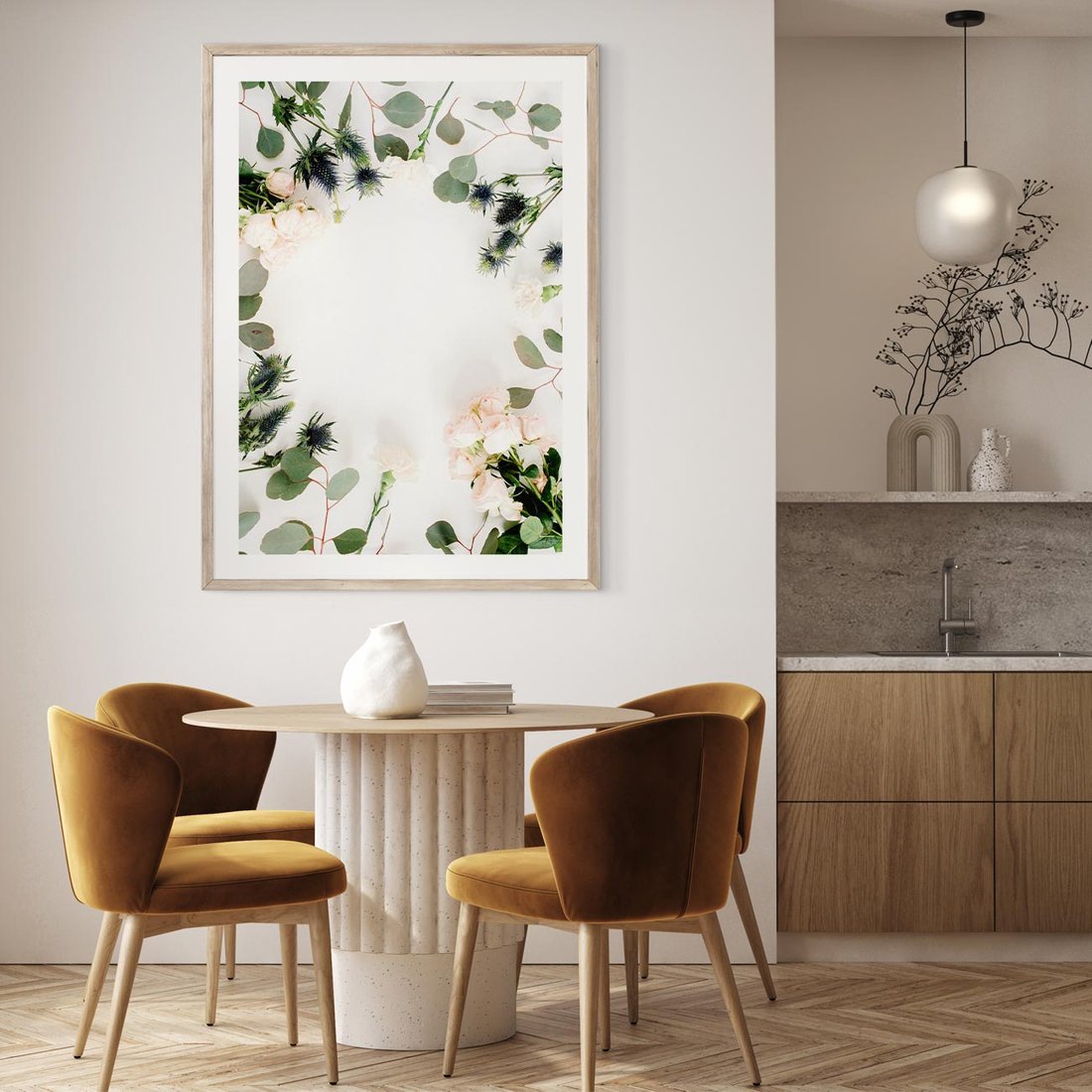 Plakat w ramie 50x70 - Róże i Zielone Liście - kompozycja kwiatowa, róże - rama drewno