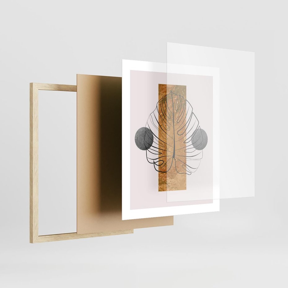 Plakat w ramie 40x50 - Minimalistyczna Monstera: Złoty Prostokąt - liść monstery, minimalizm - rama drewno