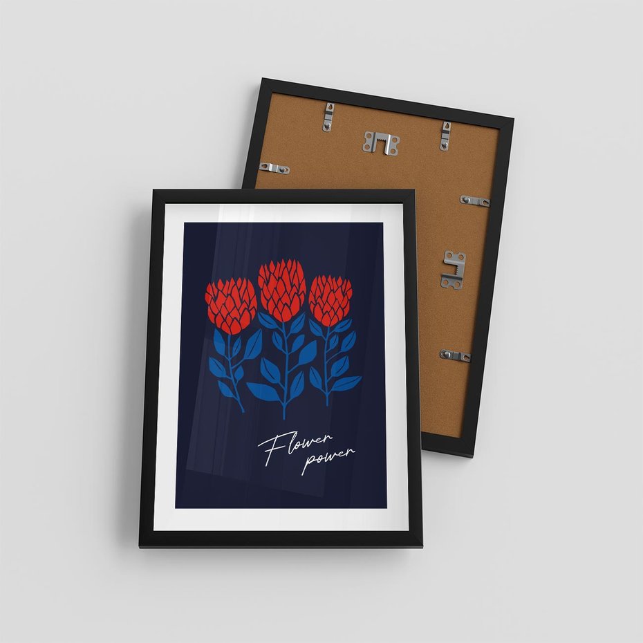 Plakat w ramie 30x40 - Podróżne Barwy - czerwone abstrakcyjne kwiaty, granatowe tło - rama czarna