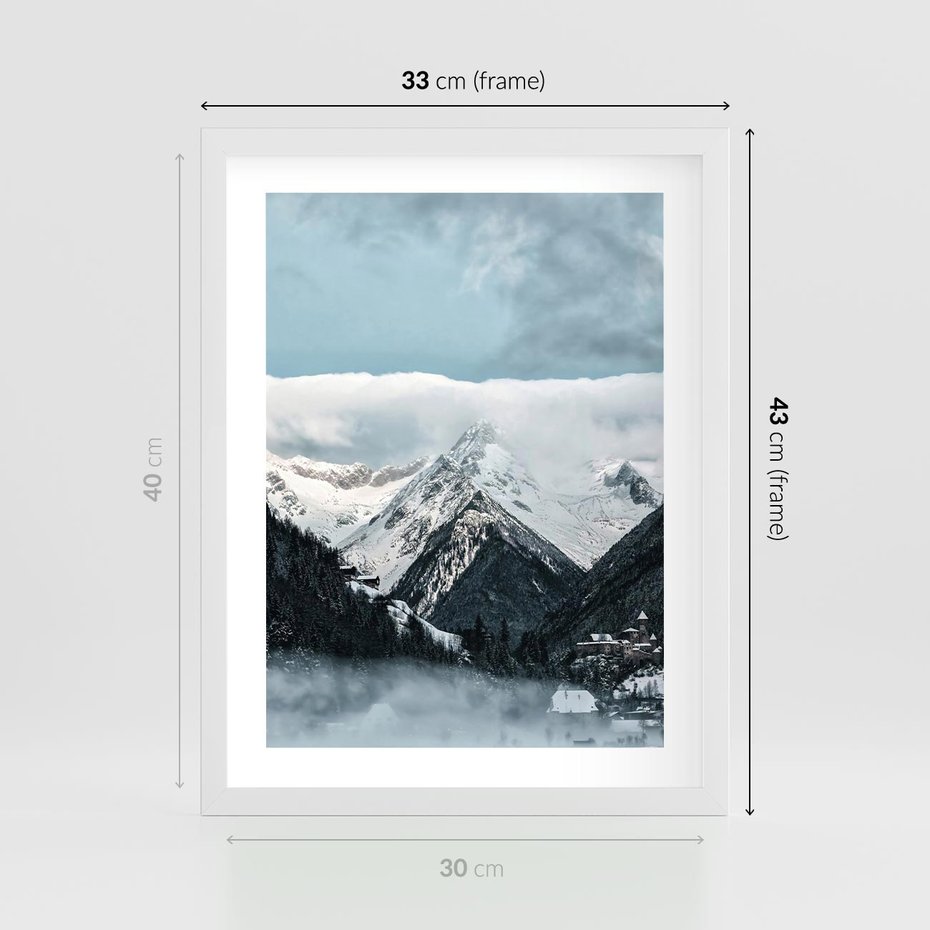 Plakat w ramie 30x40 - Magia Zimy w Górach - góry, śnieg - rama biała