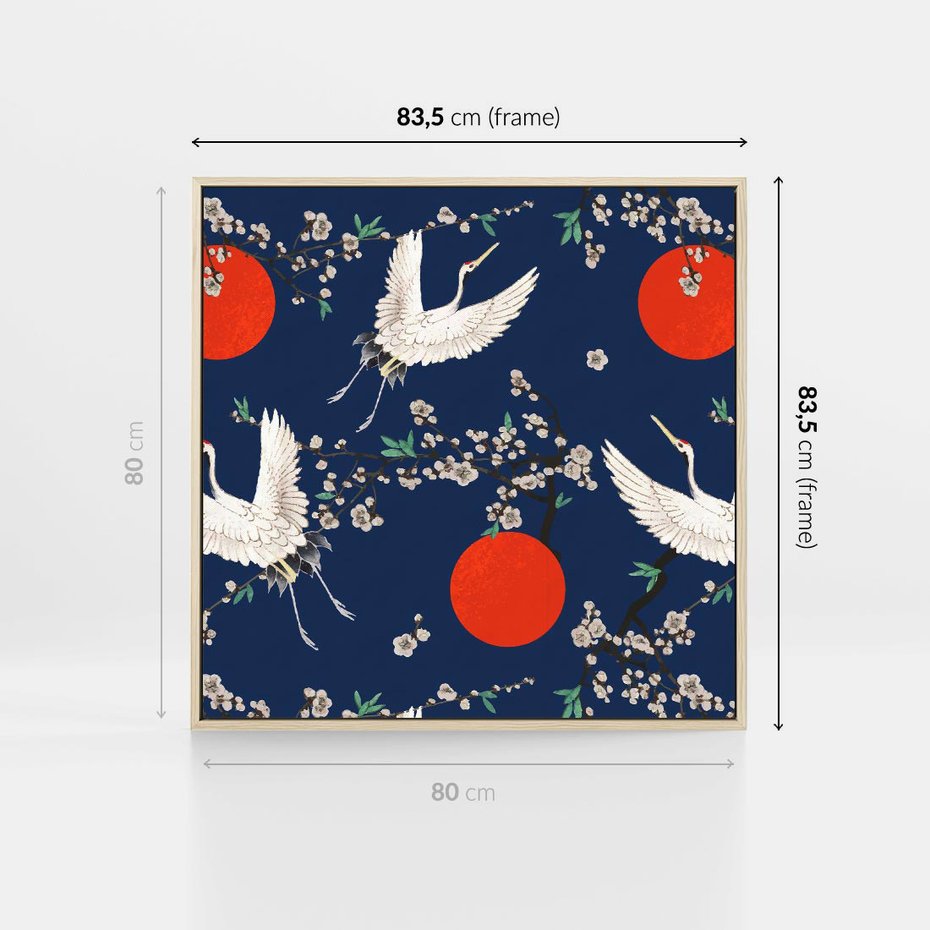 Obraz w ramie 80x80 - Japońskie Żurawie Indygo - sztuka japońska, japonia - rama drewno