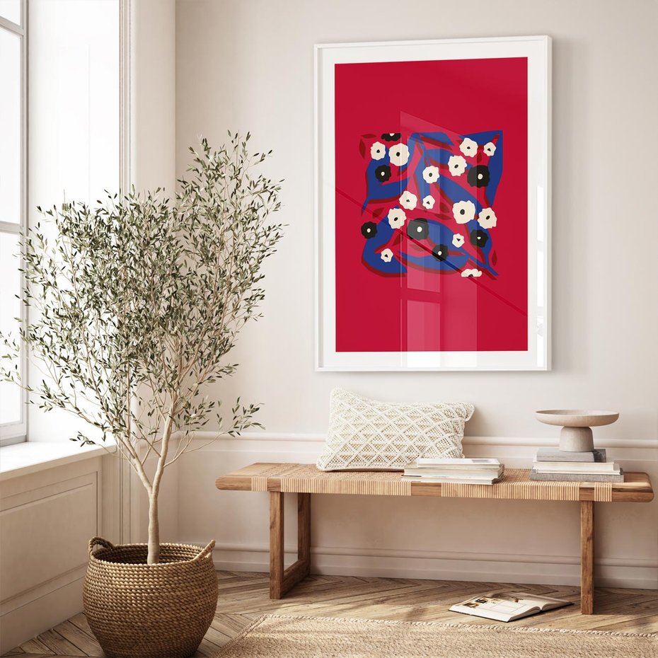 Plakat w ramie 50x70 - Kolorowe Przenikanie - abstrakcyjna kwiatowa kompozycja, czerwone mocne tło - rama biała