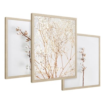 Zestaw obrazy w ramie 50x70 galeria - Gipsówka, bawełna, kwiaty, susz - rama drewno