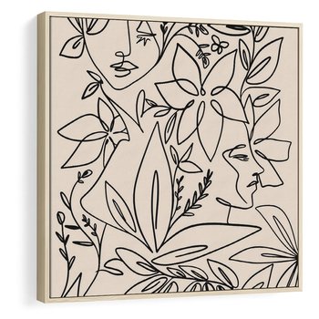 Obraz w ramie 50x50 - Kobiecy Portret Duszy - beżowe tło, czarny szkic nowoczesnych kwiatów - rama drewno