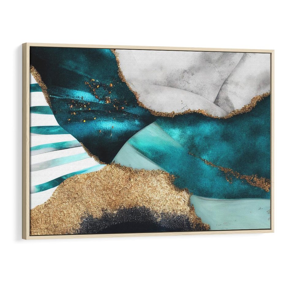 Obraz w ramie 100x70 - Rozlane Turkusy - Turkusowe plamy, złote elementy - rama drewno