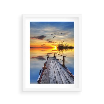 Plakat w ramie 50x70 - Zachód słońca na pomostach - zachód, słońca - rama biała