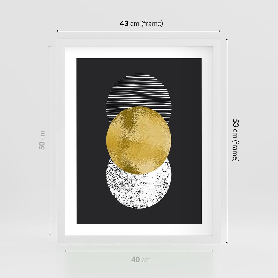 Plakat w ramie 40x50 - Geometryczna Perfekcja: Złote Koło - geometryczna grafika, złote koło - rama biała