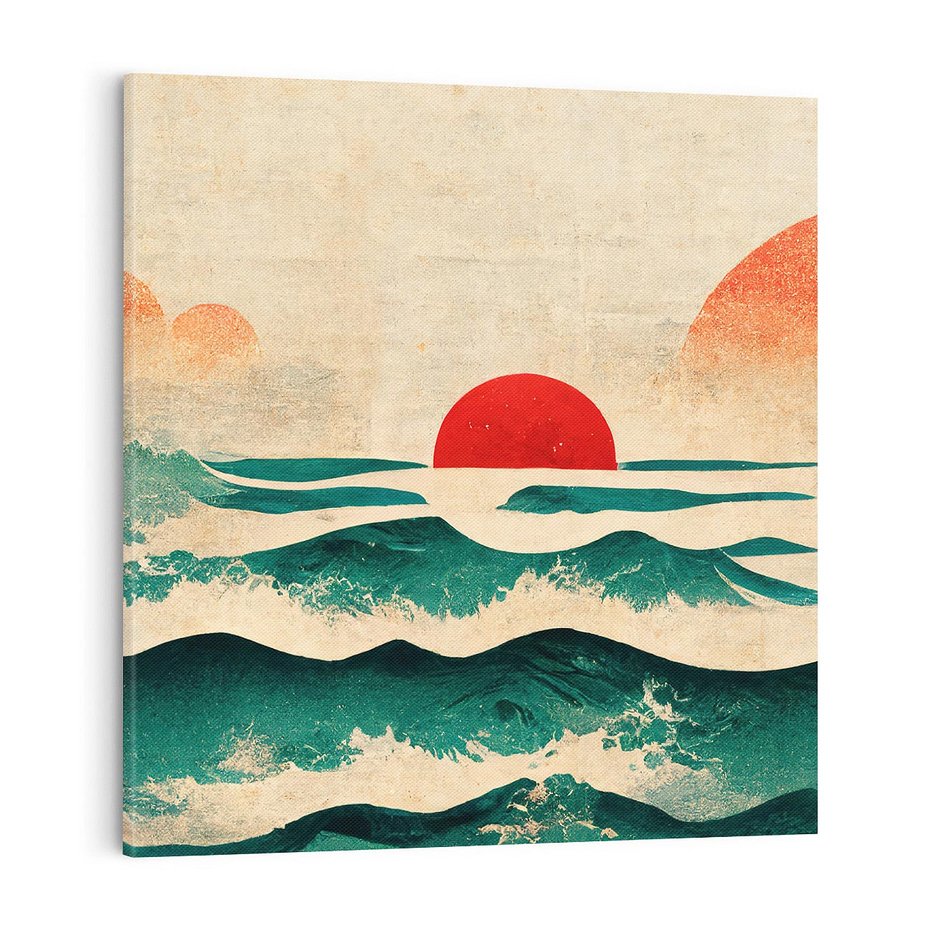 Obraz na płótnie 80x80 - Czerwone Melodie - japońska sztuka, zachód słońca nad oceanem