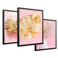 Zestaw obrazy w ramie 30x40 galeria - Złote, liście, monstera, kwiaty - rama czarna