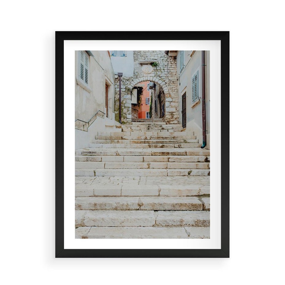 Plakat w ramie 50x70 - Schody we Włoskim Miasteczku - schody, śródziemnomorskie miasteczko - rama czarna