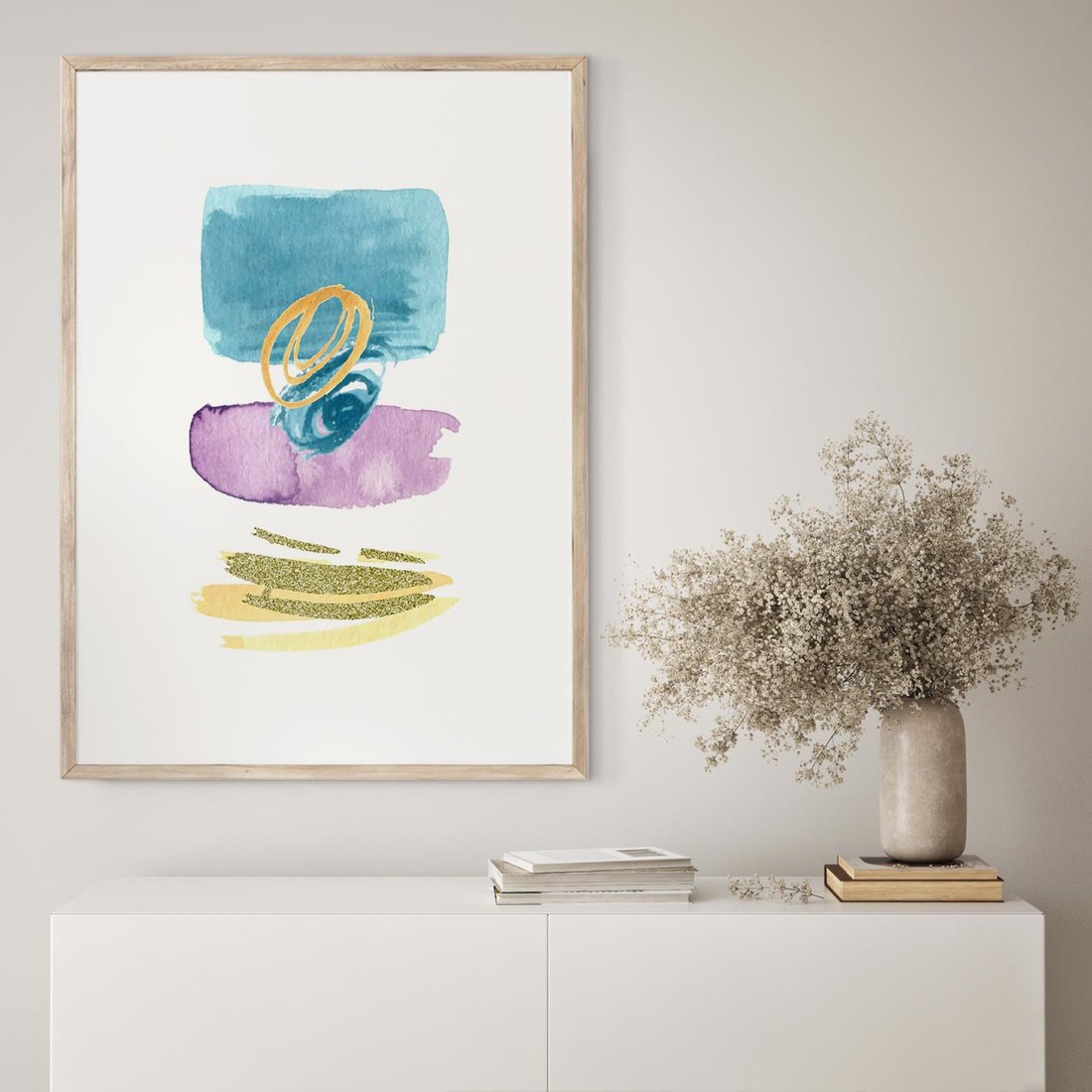 Plakat w ramie 40x50 - Taniec Akwarelowych Kresek - akwarelowe plamy w odcieniach błękitu, złote kreski - rama drewno