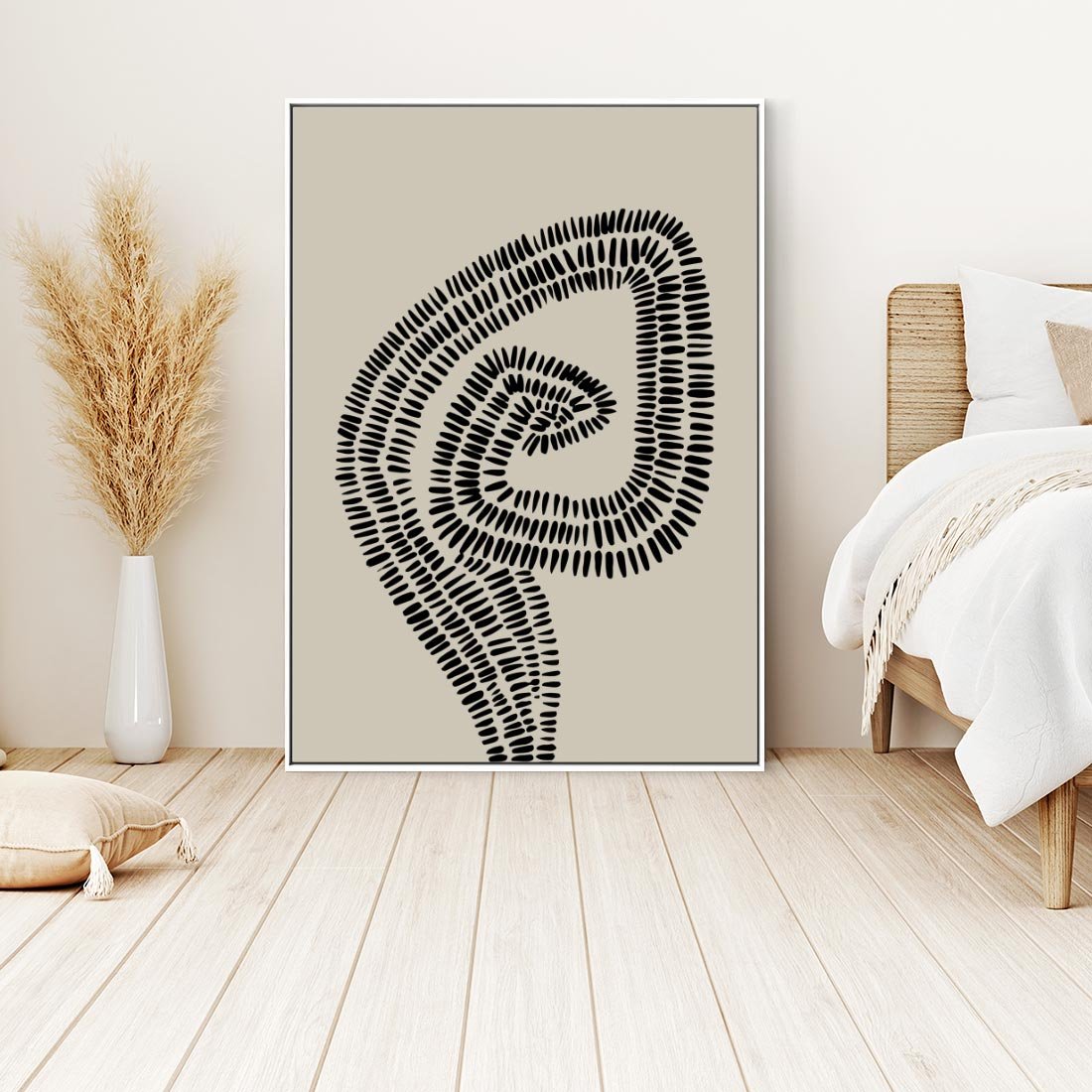 Obraz w ramie 70x100 - Nowoczesne Spektrum Wyobraźni - boho plakat, czarne kropki kreski - rama biała