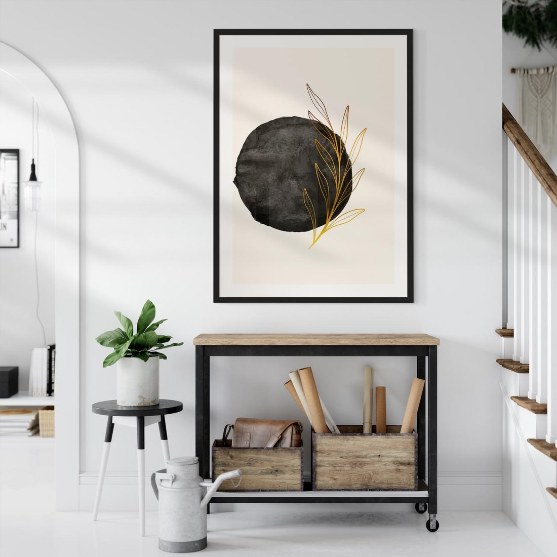 Plakat w ramie 50x70 - Kontrast Kształtów - minimalistyczna grafika, czarna plama - rama czarna