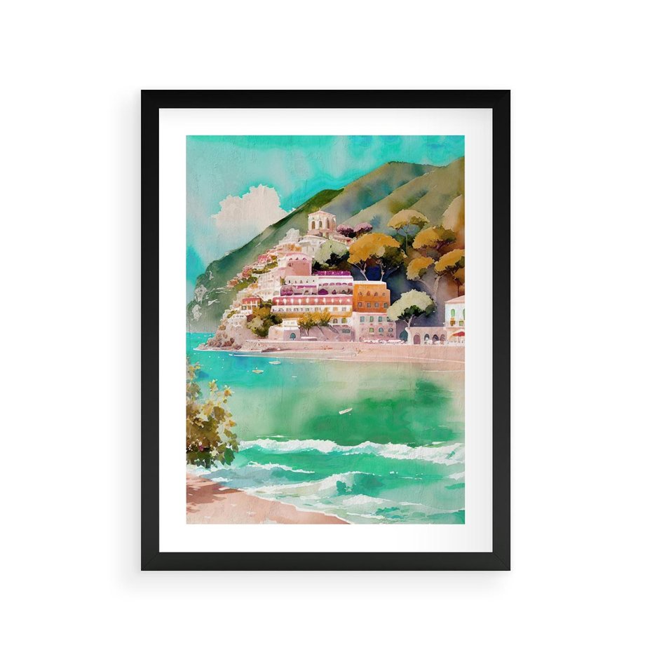 Plakat w ramie 30x40 - Na Zboczu - akwarela, nadmorski pejzaż - rama czarna