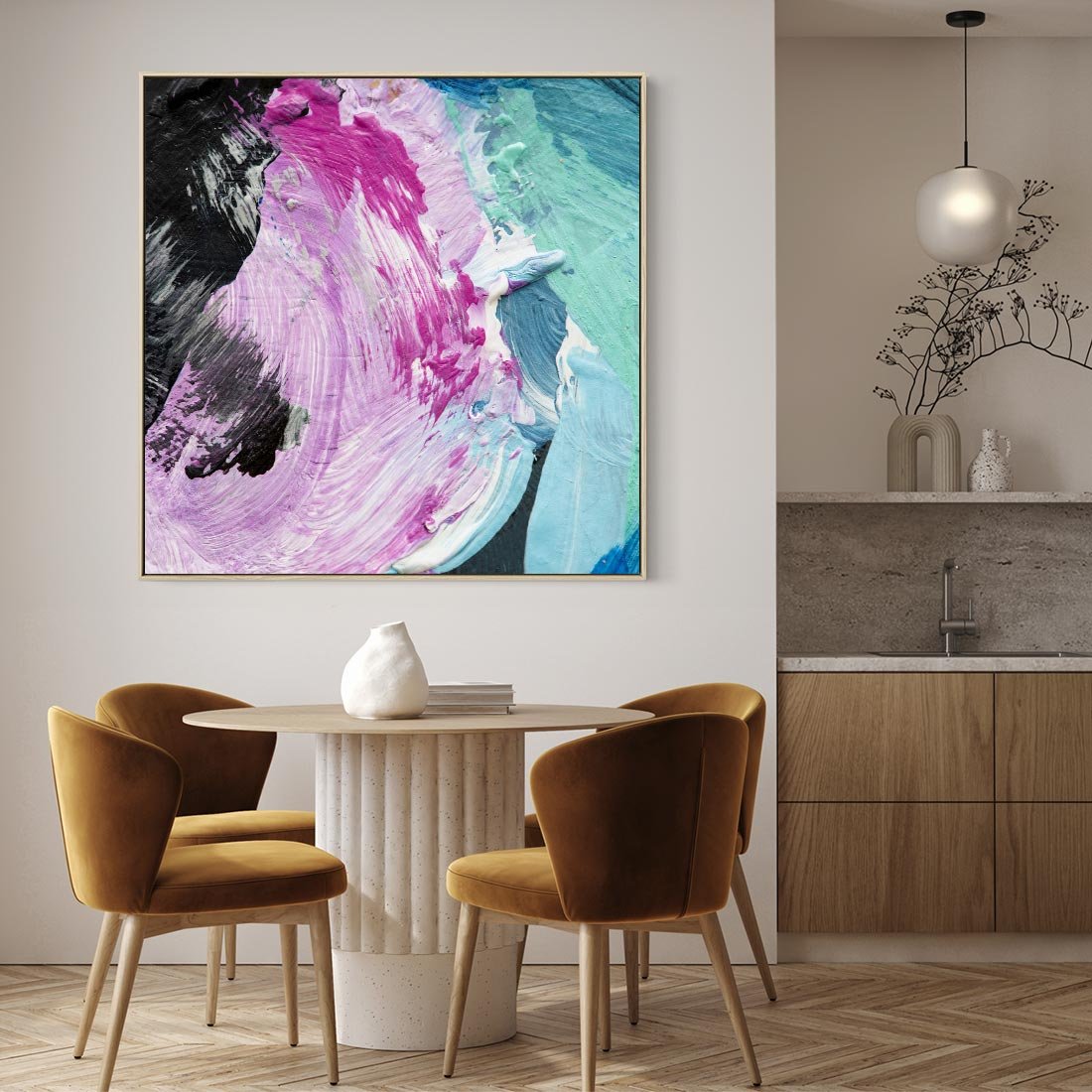 Obraz w ramie 80x80 - Kolorowy rój wyobraźni - rozlane kolorowe farby olejne, abstrakcja - rama drewno