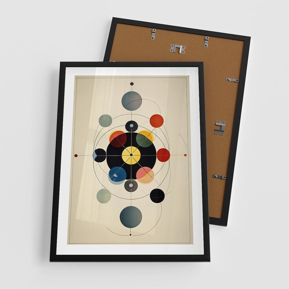 Plakat w ramie 50x70 - Bezgraniczny Taniec Światła - abstrakcyjna geometryczna kompozycja, koła linie - rama czarna