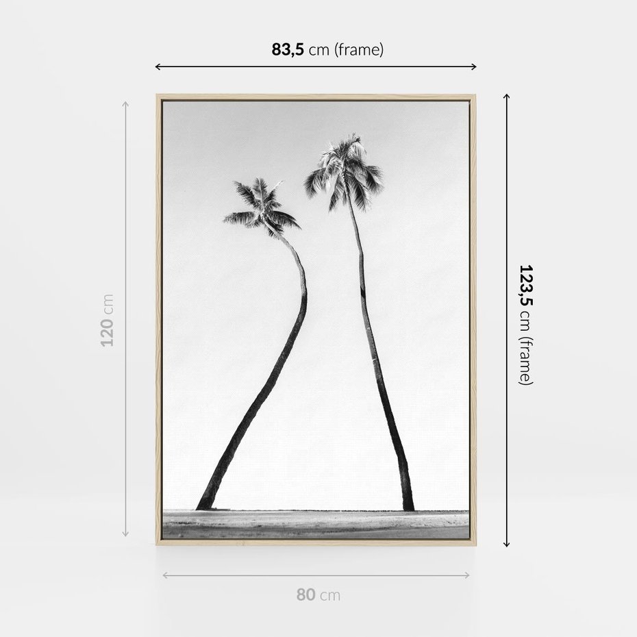 Obraz w ramie 80x120 - Samotne Palmy - czarno biała fotografia, dwie samotne palmy - rama drewno