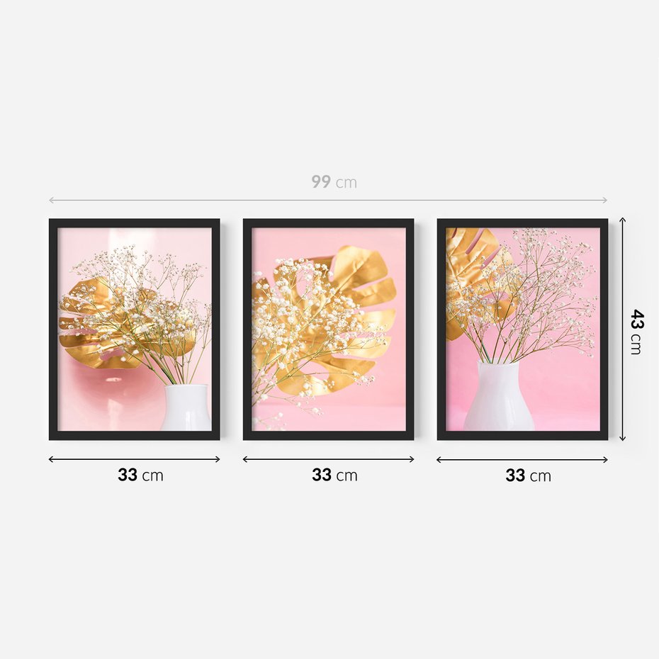 Zestaw obrazy w ramie 30x40 galeria - Złote, liście, monstera, kwiaty - rama czarna