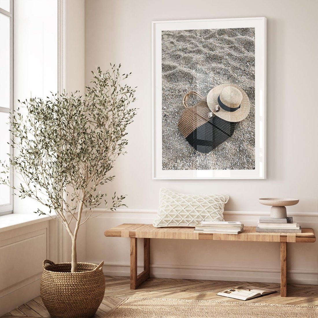 Plakat bez ramy 40x50 - Plażowe Przygotowania - torba plażowa, kapelusz