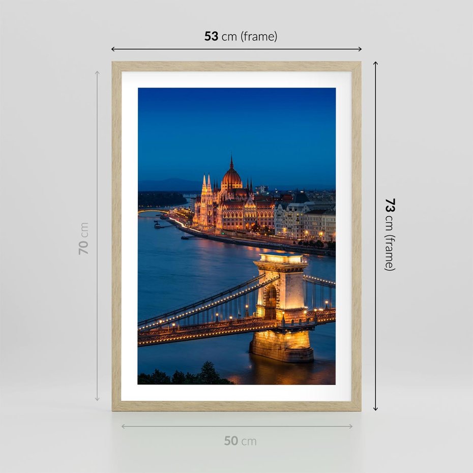 Plakat w ramie 50x70 - Mostowe miasto nocą - miasto, most - rama drewno