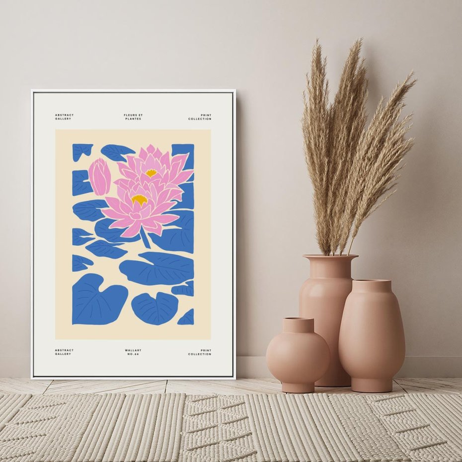 Obraz w ramie 70x100 - Rozświetlone Odbicia - lilie wodne, pastelowe kolory - rama biała